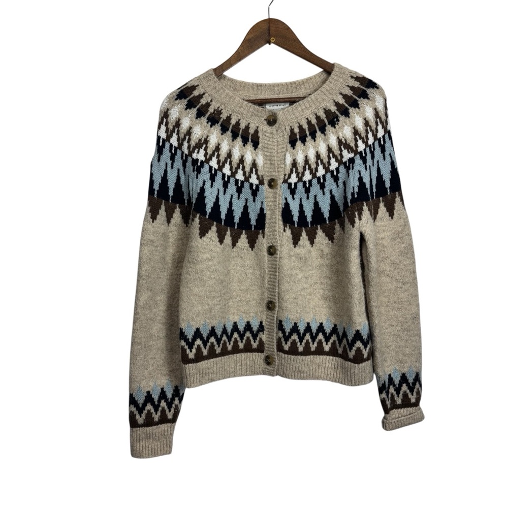 Lucky Brand Beige and Blue Geometric Cardigan Cozy Comfy Wool Blend